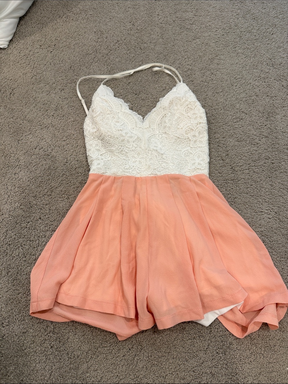 White Lace Top Coral Peach Skater Romper